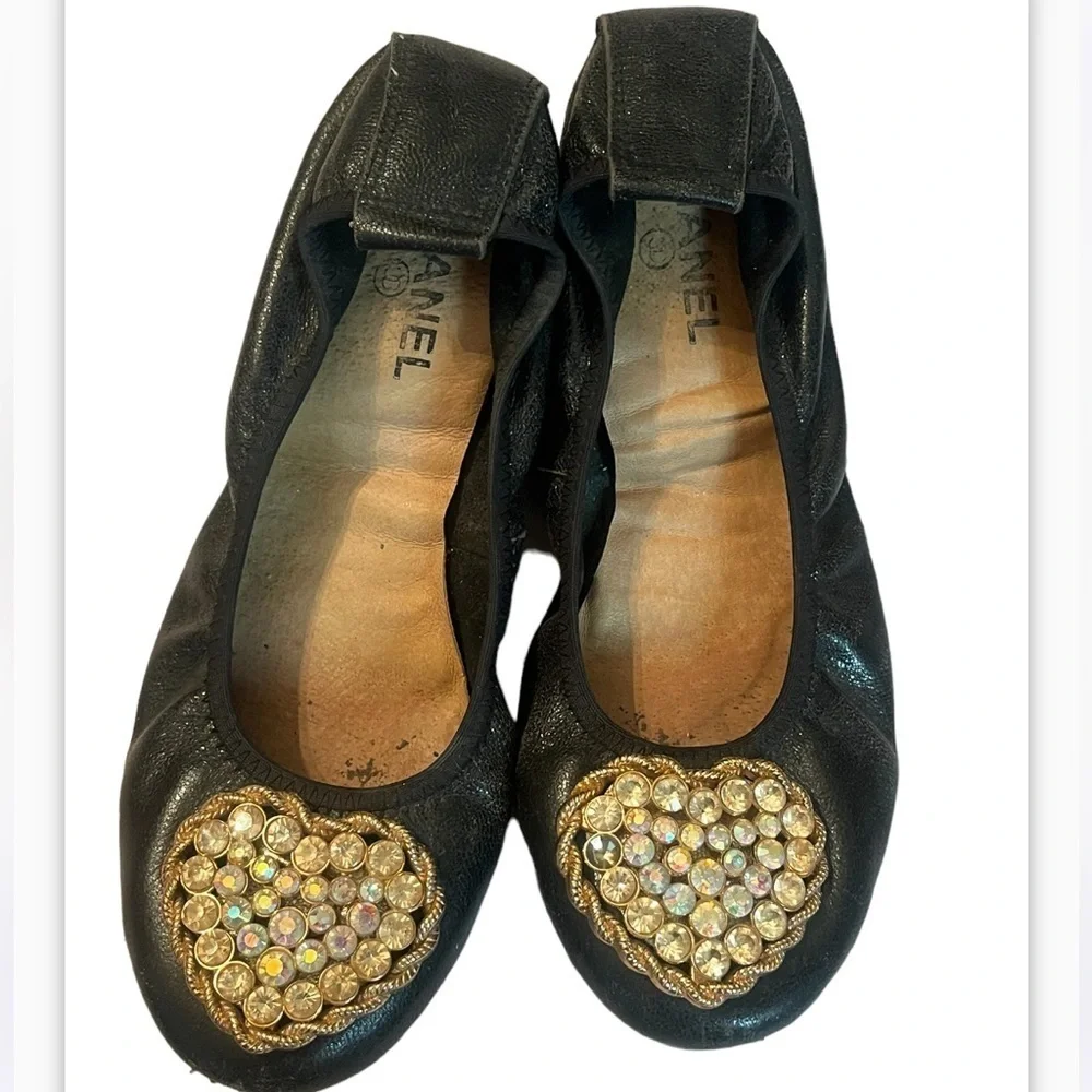 Chanel Black/Gold Leather Camellia Sz 39 EUR 9 US Beaded Scrunch Ballet Flat